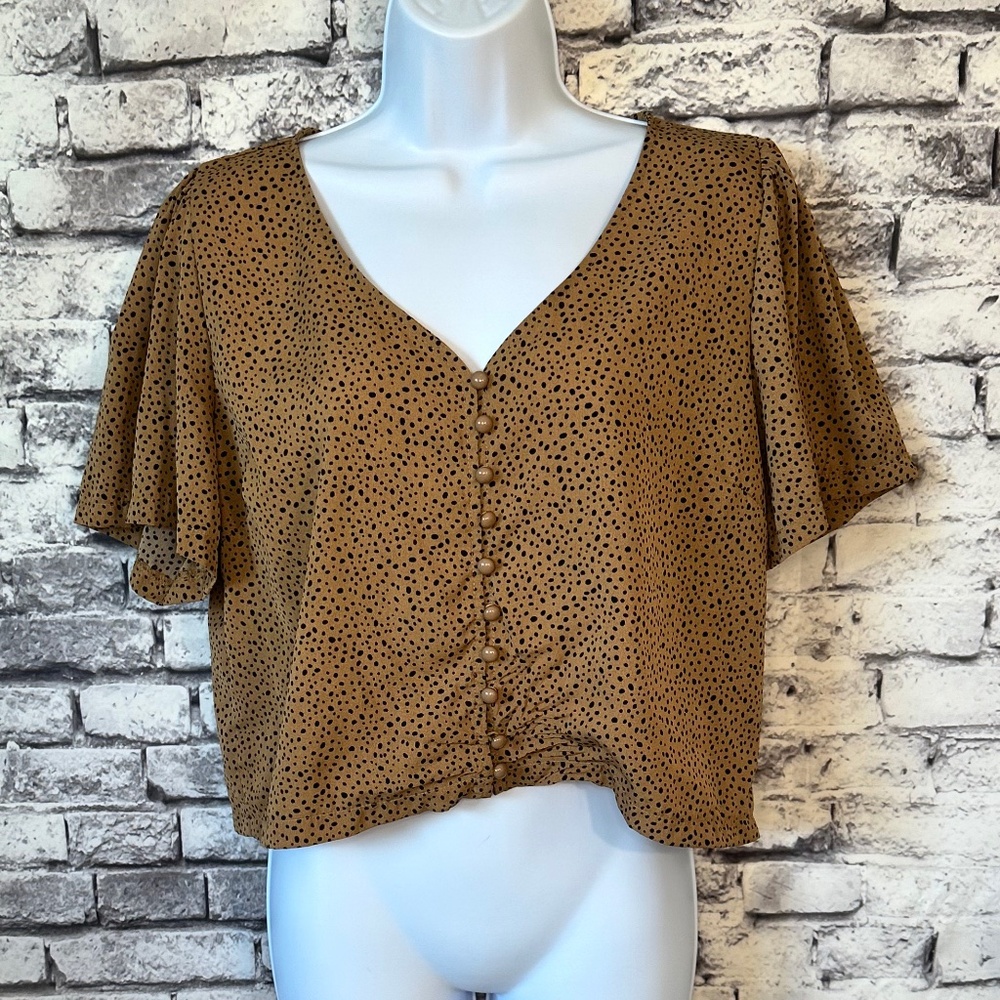 Shein Brown and Black Polka Dot Button UP Shirt Size Large